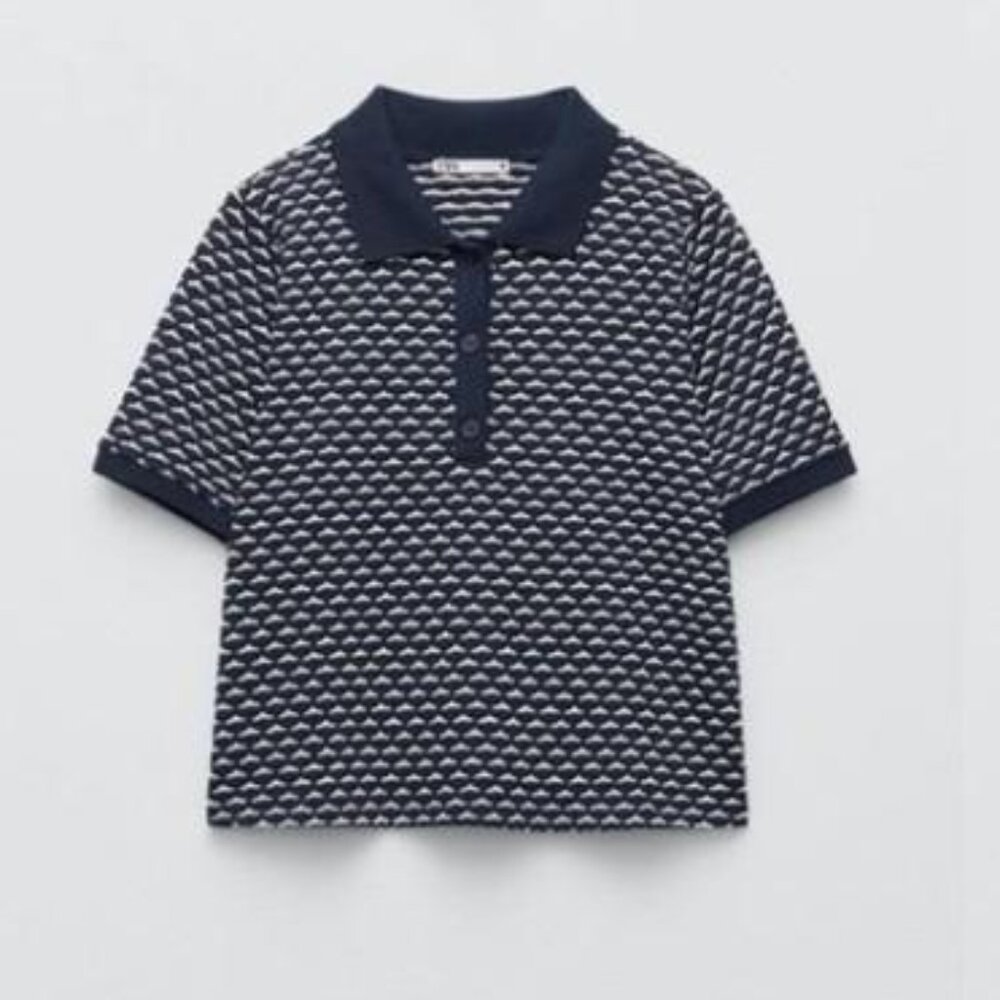 NWT Zara Retro Jacquard Polo in Navy Sz M - Picture 1 of 3